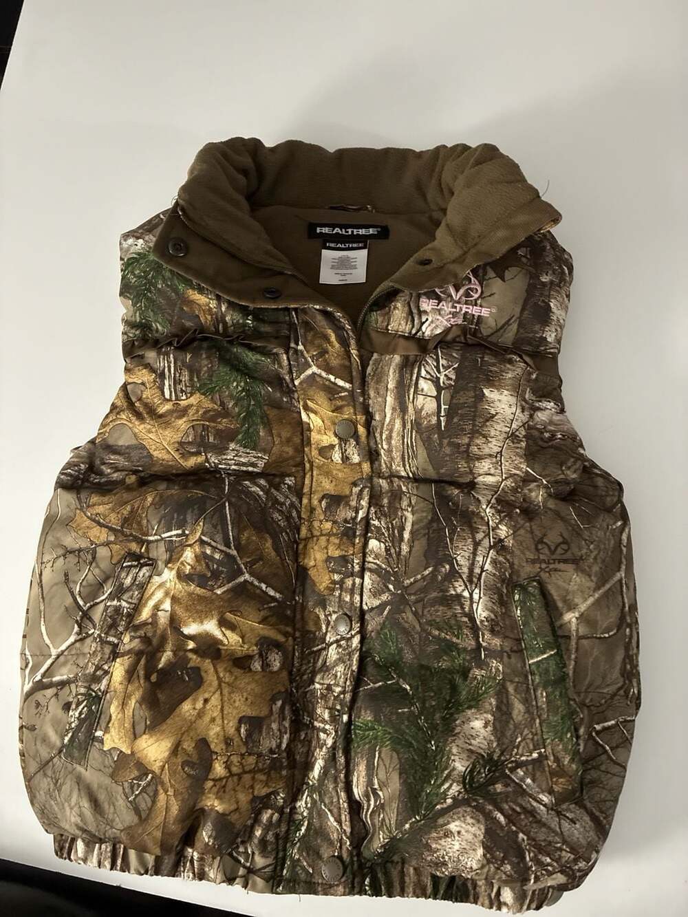Realtree Camo Puffer Fleece Lined Full Zip Camo Vest with Pink Logo